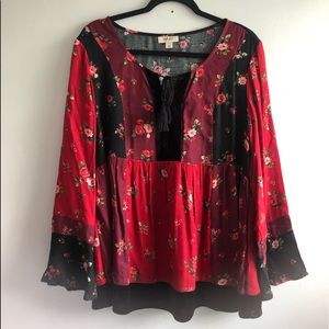 Style & Co. Red Floral Velvet Trim Bell Sleeve Babydoll Top Size L